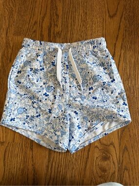 Blue & White Floral Drawstring Swim Trunks